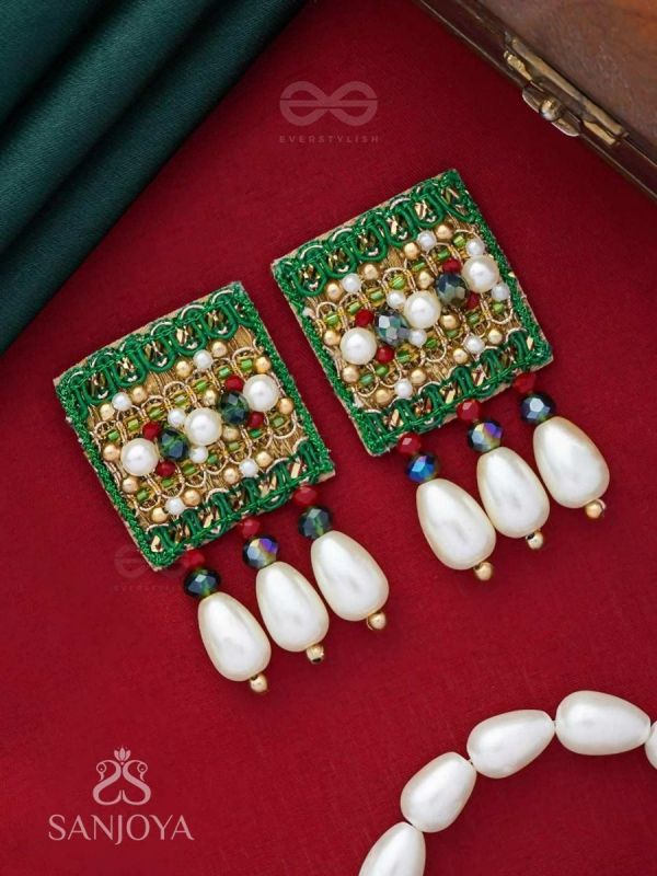 Kasisa - Scarlet's Secret Garden - Beads And Pearls Hand Embroidered Earrings