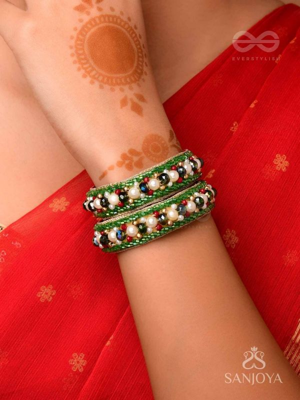 PARNAYA - THE ROSY FOREST - PEARLS, STONES AND BEADS EMBROIDERED BANGLES (SET OF 2)