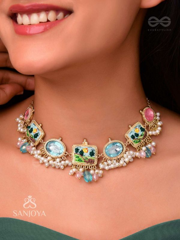 VIVIDHRUMA - COLORFUL BLOSSOMS - STONES, PEARLS AND GLASS DROPS EMBROIDERED NECKPIECE