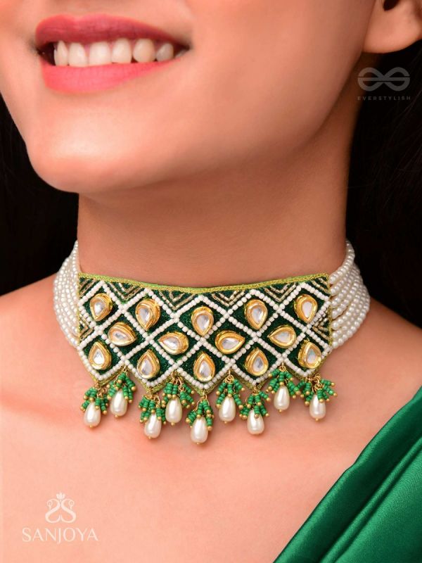Ardrata- The Emerald Finesse- Beads, Sequins, Polki And Kundan Finished Hand Embroidered Choker Neckpiece
