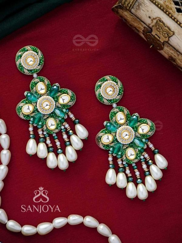 Anutva - The Royal Embrace - Pearls, Beads, Cutdana, Polki And Kundan Finished Hand Embroidered Earrings 