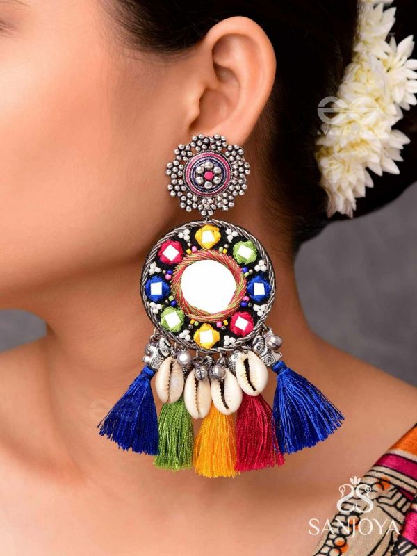 MANOHARAAKARA - THE ENCHANTING SHADES - MIRROR, BEADS AND SHELL EMBROIDERED AND OXIDISED EARRINGS
