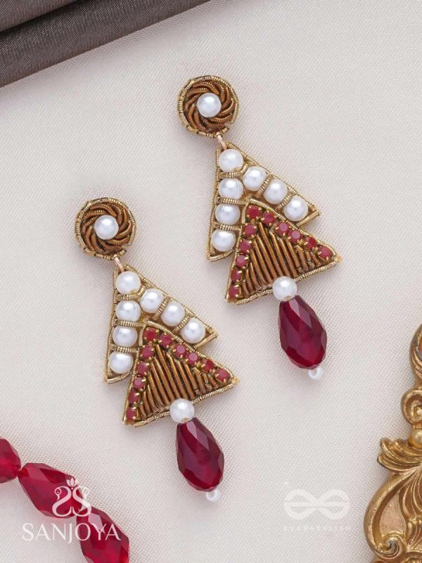 Ucchriti - The Majestic Traingles - Pearl, Beads And Glass Drop Hand Embroidered Earrings