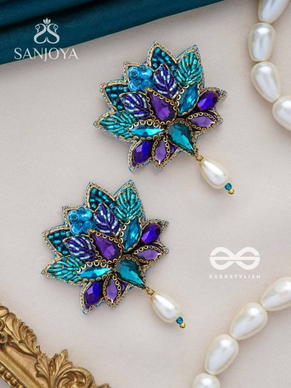 KAIRAVINI- THE LUSTROUS LOTUS - STONE, CUTDANA AND BEADS EMBROIDERED EARRINGS
