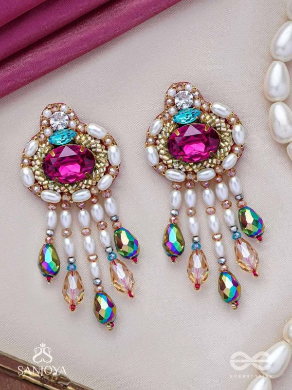 Vaajpatni- The Queen's Treasure- Stones, Pearls And Glass Drops Hand Embroidered Earrings