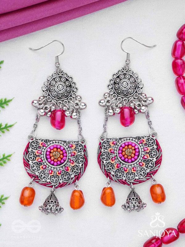 Abhisayam - The Sunset Dyes- Stone, Beads, Dabka And Glass Drops Hand Embroidered Oxidised Earrings