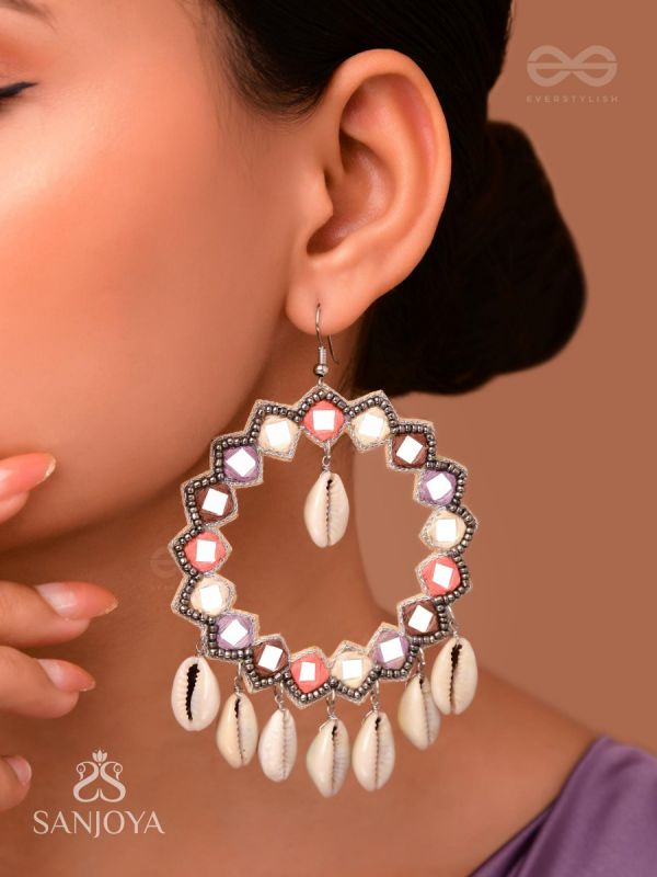 Drumalaya - Magical Sea Shells - Mirror And Shells Hand Embroidered Earrings