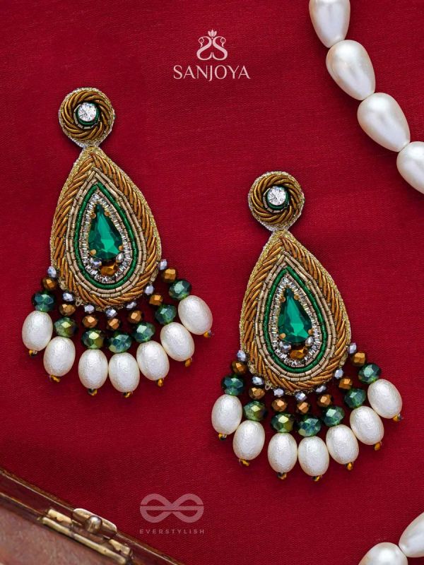 Haritparna - Green Leaved - Stone, Cutdana, Beads And Pearls Hand Embroidered Earrings