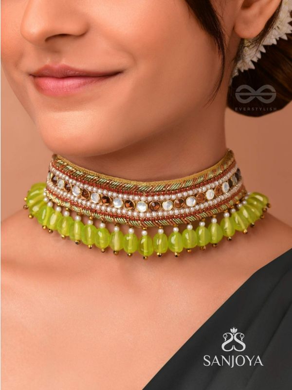 Hemaprabha- The Lively Love- Beads And Glass Drops Lace Hand Embroidered Choker Neckpiece