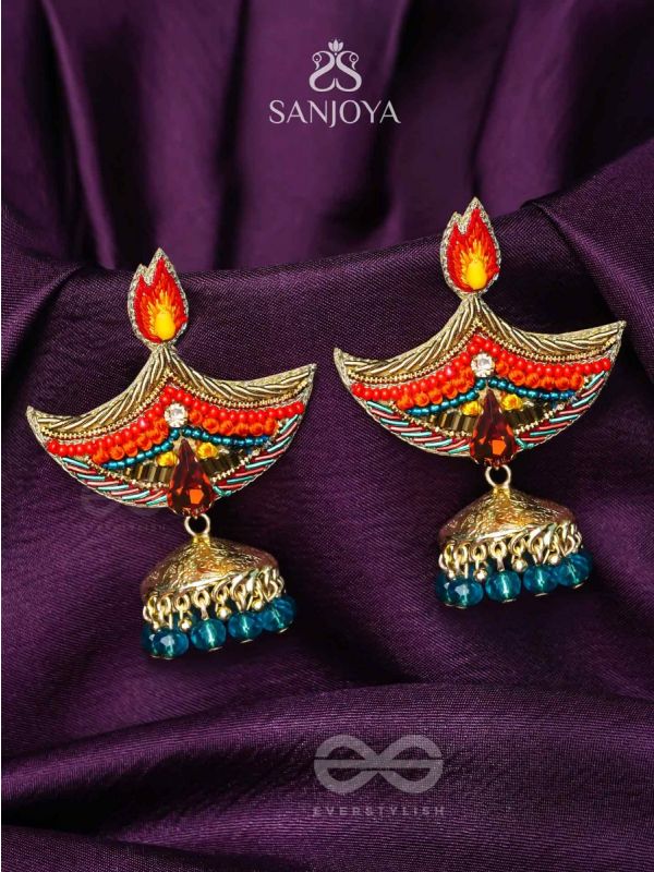 Dipah - Lamp Of Victory - Stone, Resham And Cut Dana Hand Embroidered Earrings