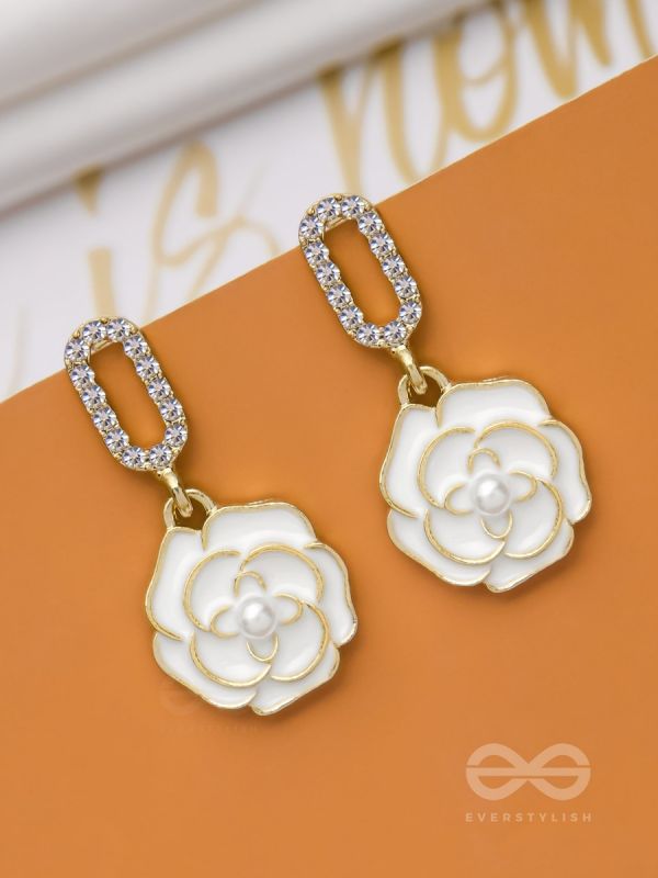 THE MIDNIGHT ROSE - GOLDEN AND WHITE EMBELLISHED EARRINGS