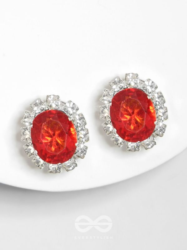 SHIMMER AND SHINE - SILVER AND RED EMBELLISHED STUD EARRINGS