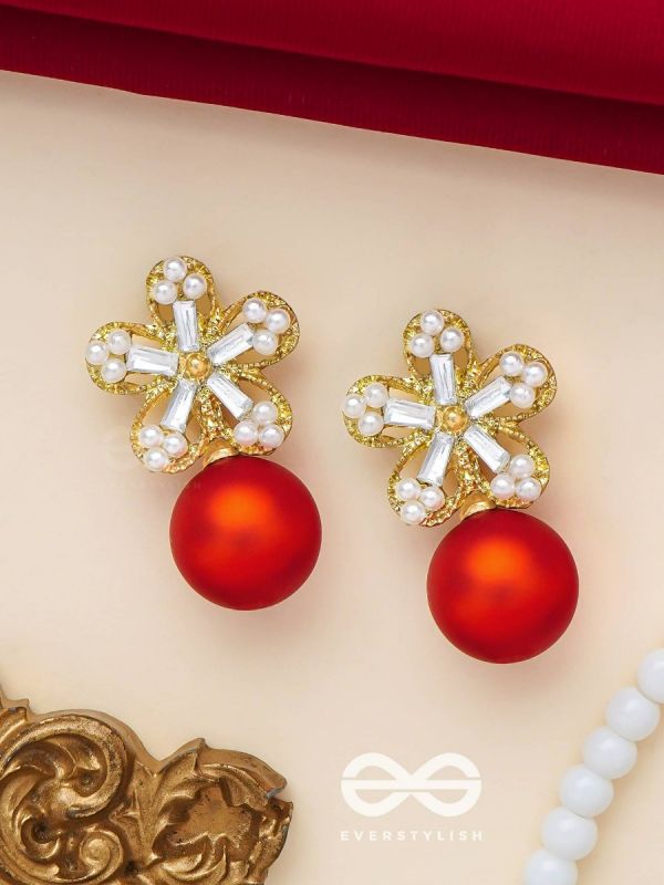 PEARL PETAL PARADISE - GOLDEN AND RED EMBELLISHED EARRINGS
