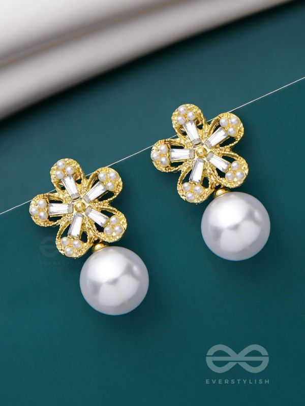 PEARL PETAL PARADISE - GOLDEN AND WHITE EMBELLISHED EARRINGS