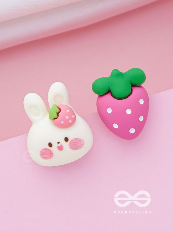 STRAWBERRY 'N BUNNY - MISMATCHED ACRYLIC EARRINGS