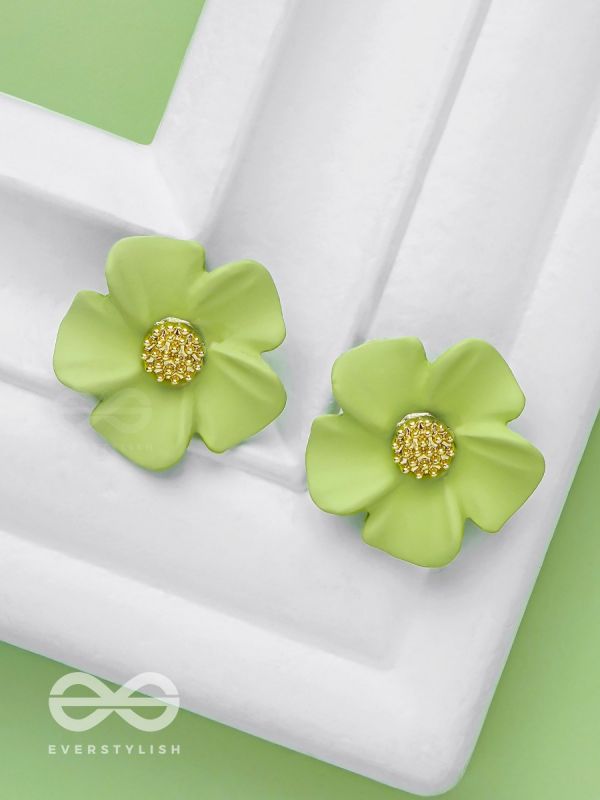 THE BLOSSOM BALLAD - GOLDEN AND GREEN ACRYLIC STUD EARRINGS