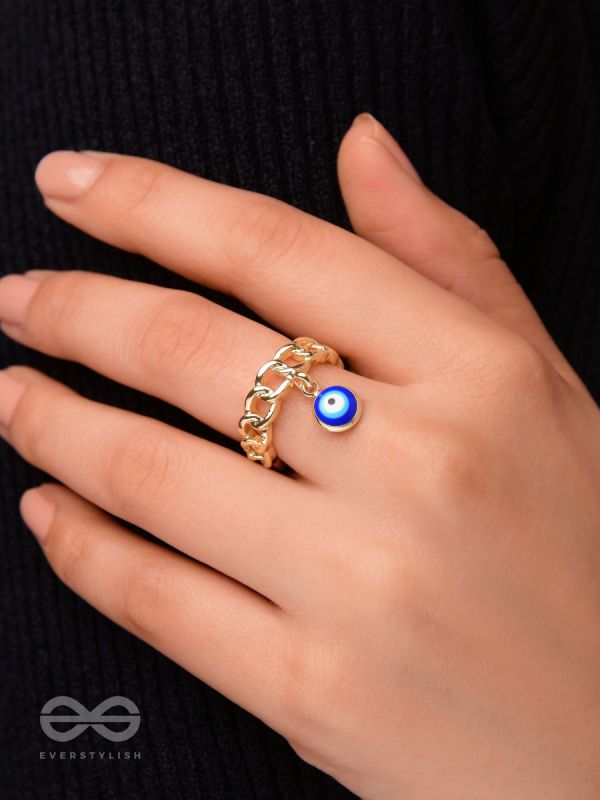 The Eye Spy - Golden Embellished Charm Ring (Blue)