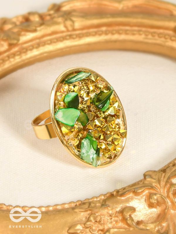 Sparkles & Stones  - Golden Embellished Ring (Green) (Adjustable)
