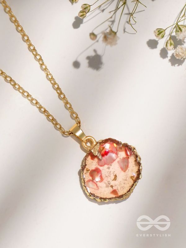 The Roseate Bloom - Golden And Pink Resin Pendant With Anti-Tarnish Coating