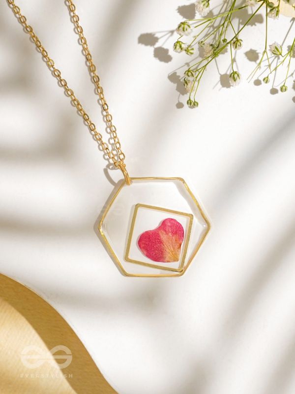 Heart Of Rose - Pressed Flower Resin Pendant With Anti-Tarnish Coating 