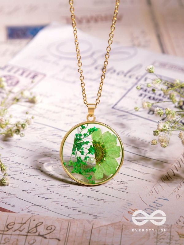 Whispering Willows - Pressed Green Flower Resin Pendant With Anti-Tarnish Coating 