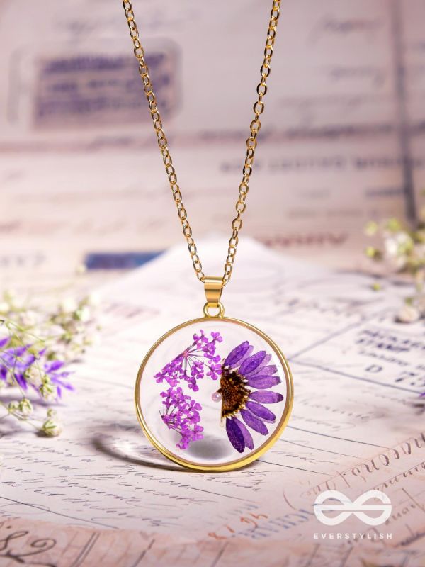Whispering Willows - Pressed Purple Flower Resin Pendant With Anti-Tarnish Coating 