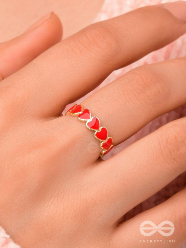 Crimson Hearts - Golden & Red Enamelled Ring