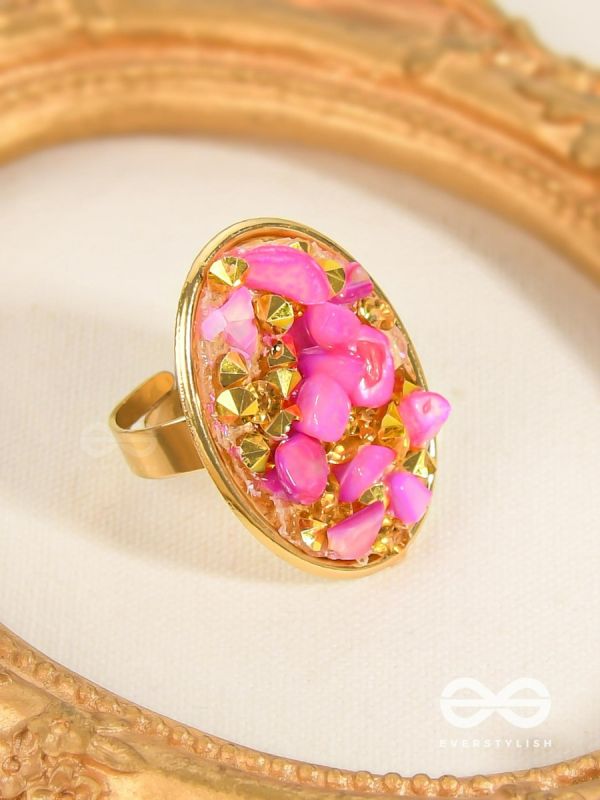 Sparkles & Stones  - Golden Embellished Ring (Pink) (Adjustable)