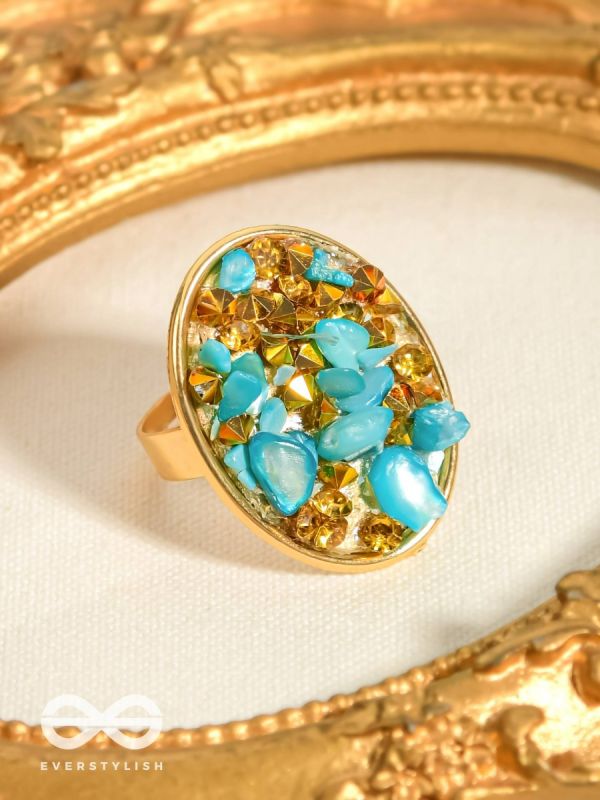 Sparkles & Stones  - Golden Embellished Ring (Blue) (Adjustable)