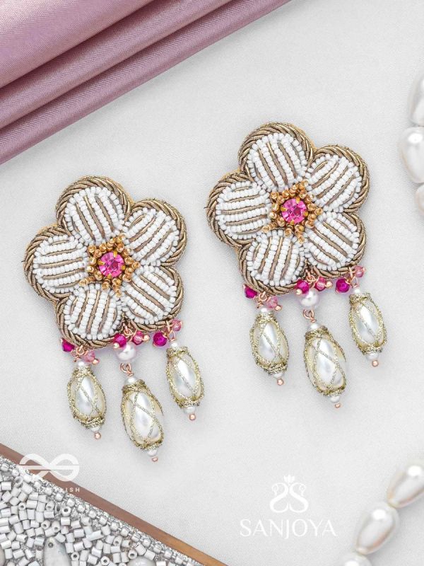 ABHRAPUSPA - THE CLOUDY FLOWER- STONES, BEADS AND PEARL DROPS HAND EMBROIDERED EARRINGS
