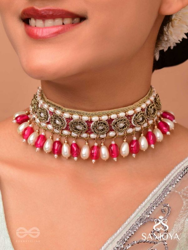 Paurandhra- The Divine Feminism-  Beads, Pearl And Glass Drops Hand Embroidered Choker Neckpiece