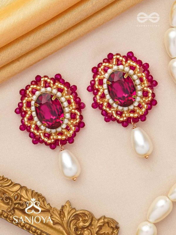 Vasatya- The Pink Dust- Stones, Beads And Pearl Drops Hand Embroidered Earrings