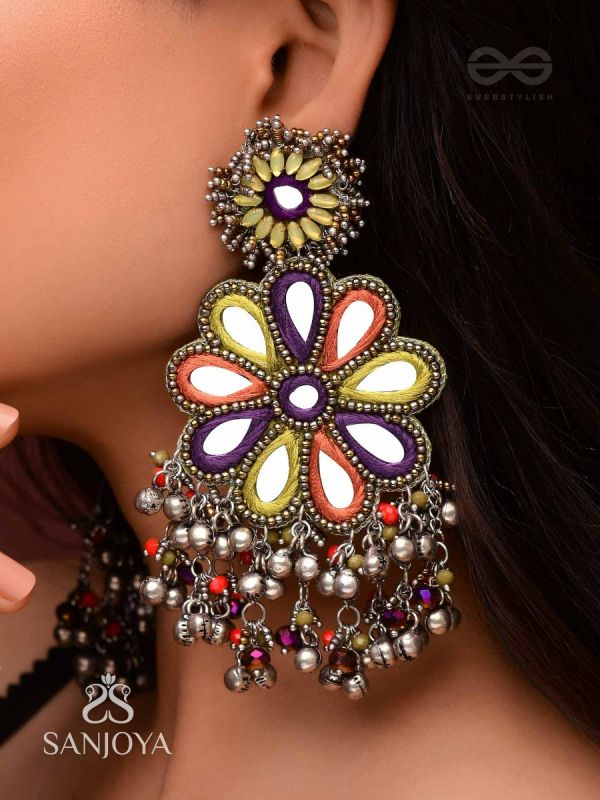 Ambuvasini - The Angel's Flower - Mirror, Resham And Beads Hand Embroidered Oxidised Earrings