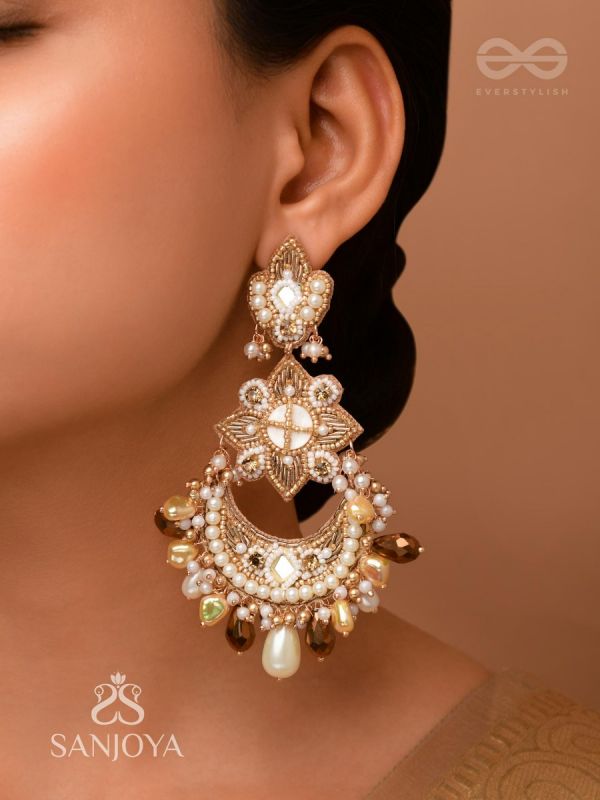 Adhirukma - The Celestial Petals - Beads, Shells And Glass Drop Hand Embroidered Earrings