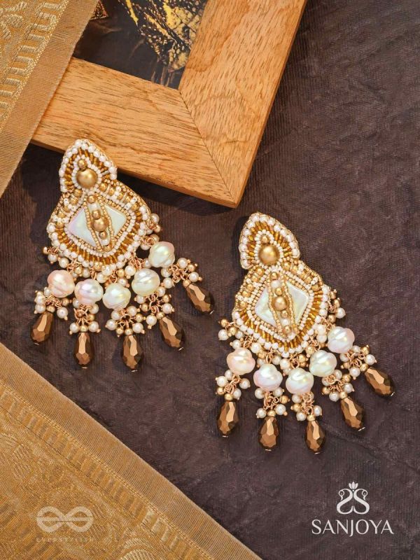 Hairanyika - The Ivory Aurora - Beads, Shells And Hand Embroidered Earrings