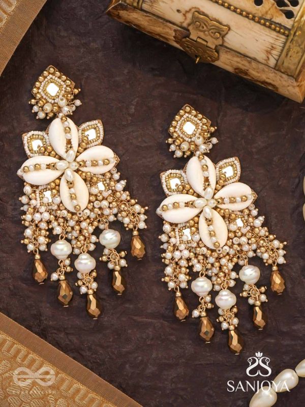 Sambuka- The Golden Snowflakes - Beads, Shells And Glass Drop Hand Embroidered Earrings