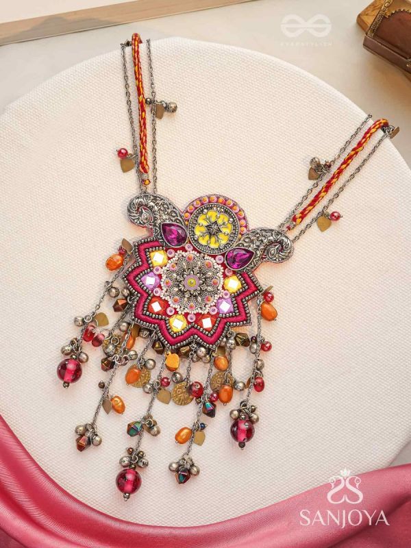 Ucchvasita - The Royal Bloom - Stones, Mirror And Beads Hand Embroidered Oxidized Neckpiece