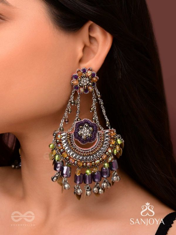 Anandabhuj- The Auroral Merriment- Resham, Beads And Glass Drops Hand Embroidered Oxidised Earrings
