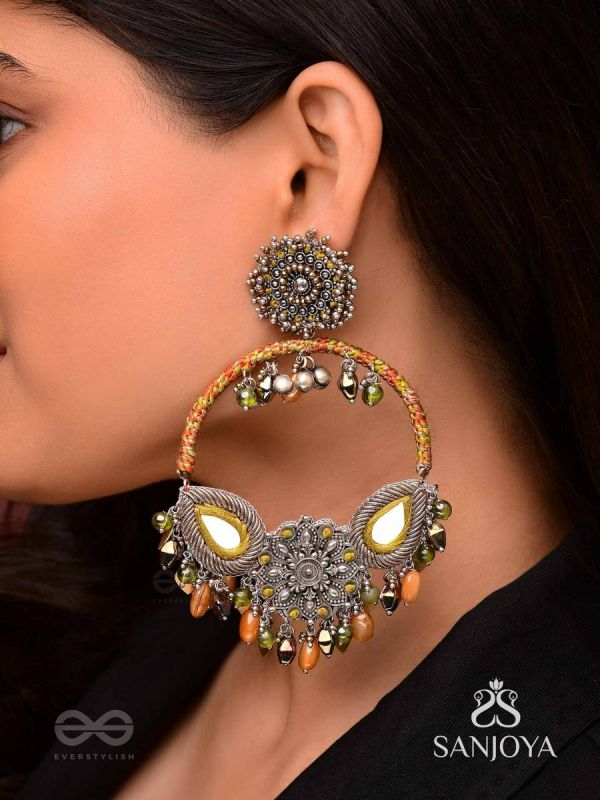 Haarin- The Divine Deer- Resham, Mirror And Glass Drops Hand Embroidered Oxidised Earrings