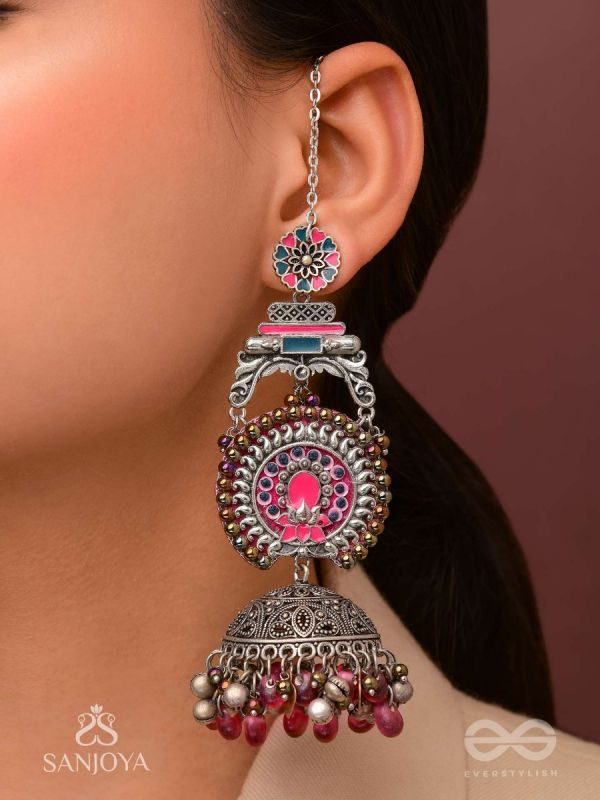 Anikini - The Lotus Manifestation- Enamelled Oxidised Chain Jhumka Earrings