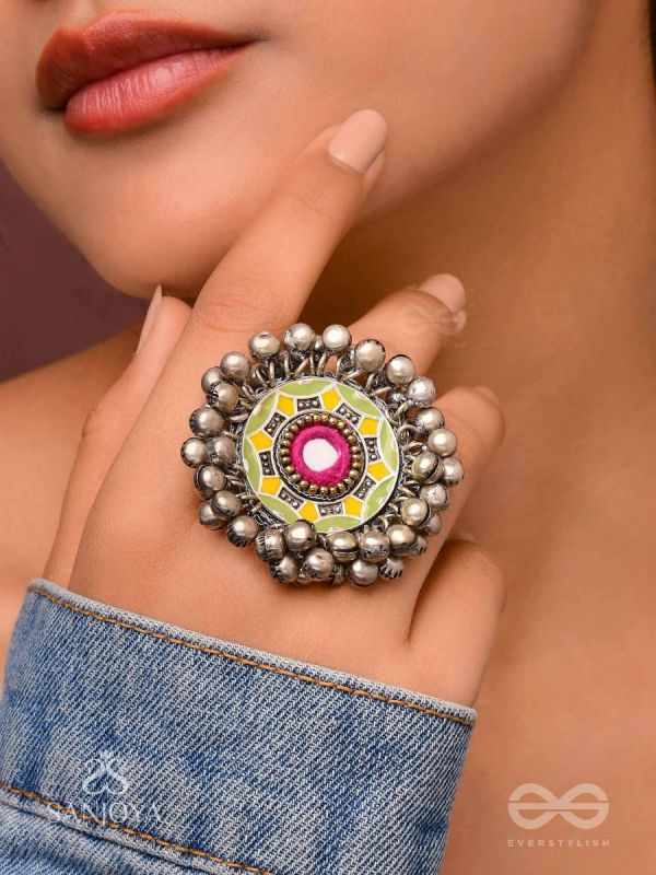 Ekatala - The Colorful Melody - Mirror And Beads Hand Embroidered Enamelled Oxidised Ring