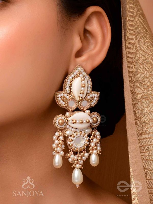 Savitra - Frosty Lily - Beads, Shells And Glass Drops Ahnd Embroidered Earrings