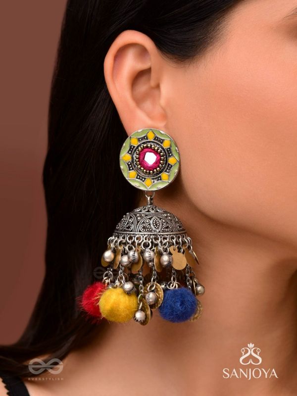 Asusama - Hues Of Happiness - Mirror And Coins Hand Embroidered Oxidised Jhumka Earrings