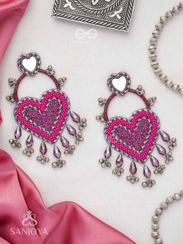 Karni - Sweetheart Love - Mirror, Beads And Glass Drops Hand Embroidered Oxidised Earrings