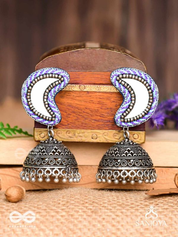 Shashikhand - The Crescent Reflectors - Mirror, Resham And Beads Hand Embroidered Oxidised Jhumka Earrings