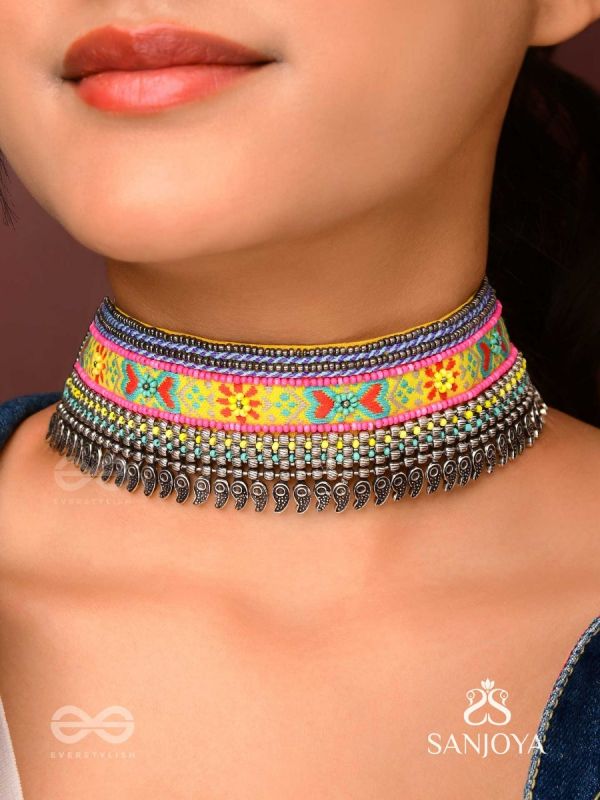 Aatpavat - The Sunlit Field - Resham And Beads Hand Embroidered Oxidised Lace Choker Neckpiece