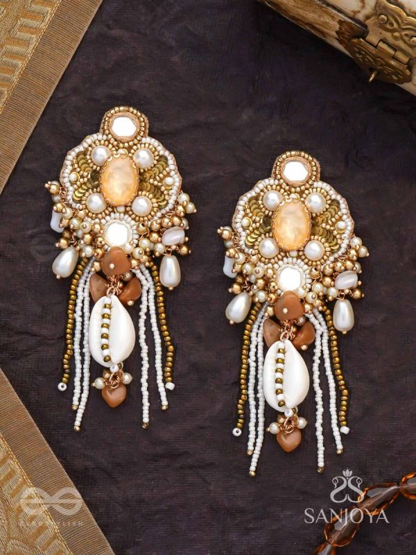 Aadhararoop - Ornament Of Enchantress- Shells, Baeds And Pearl Drops Hand Embroidered Earrrings