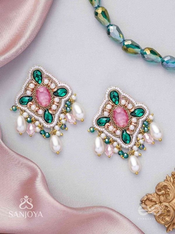 Abhivars - The Early Blossoms - Beads, Pearls And Stone Hand Embroidered Earrings