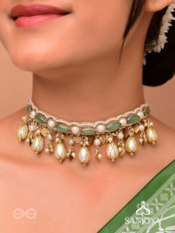 Haridvarna - Gilded Meadow Finery - Pearls, Stones And Beads Hand Embroidered Neckpiece