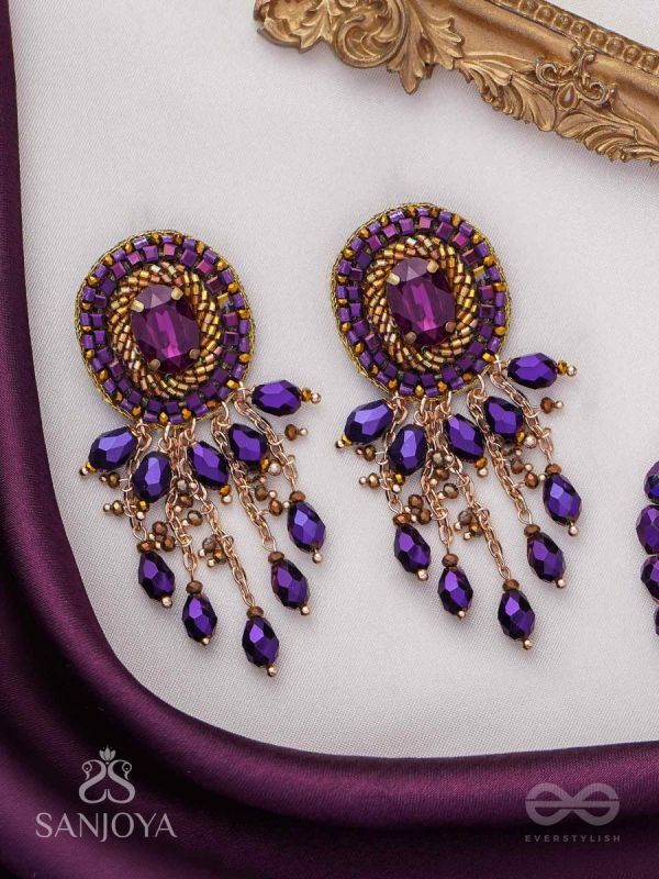 Anisam - The Shining Night - Stone, Beads And Glass Drops Hand Embroidered Earrings